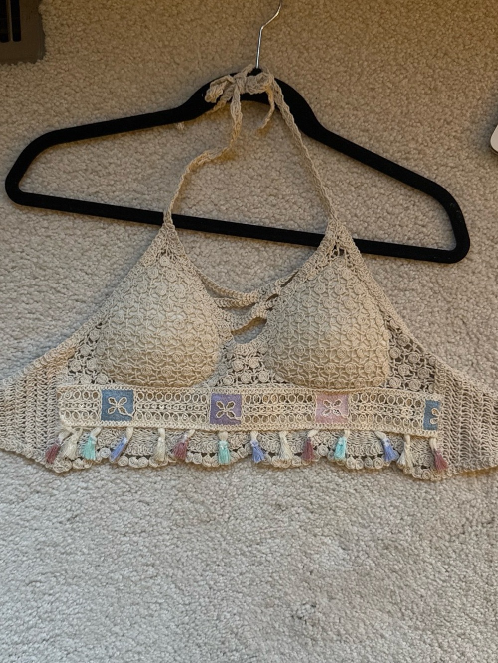 Crochet Halter Bralette Top - Beige with Pastel Tassels
